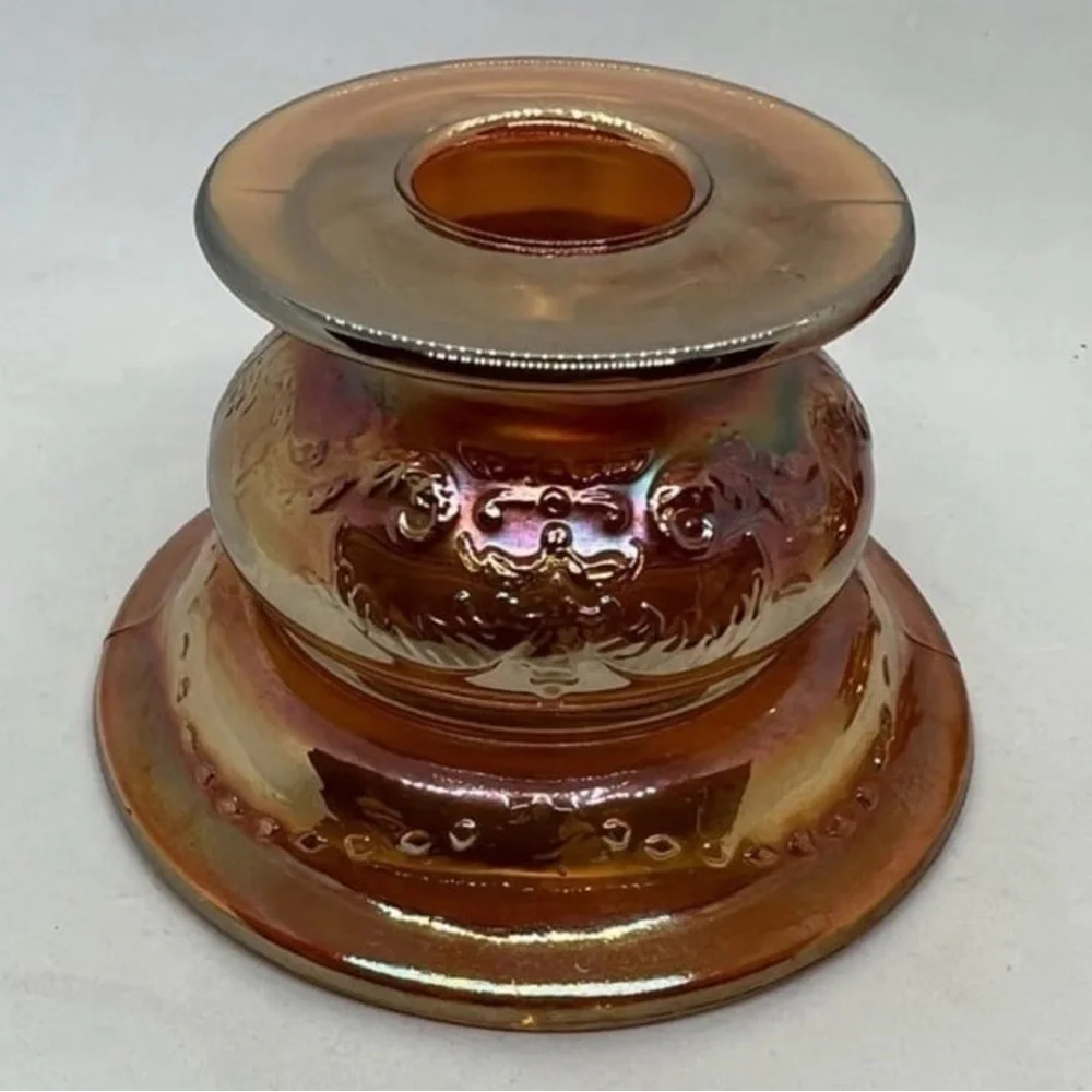 Pair Carnival Glass Federal Candle Holders Madrid Marigold